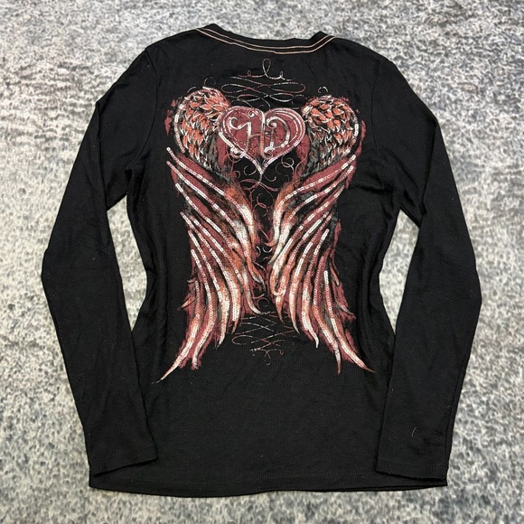 Harley-Davidson Tops - VTG Y2K Harley Davison Henley Thermal Shirt Long Sleeve Womens Large Wings Biker
